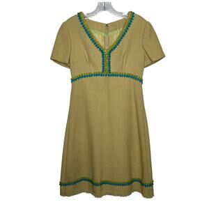OOAK Vintage 60s mod tweed yellow dress, blue green trim fringe hem Medium